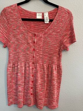 Emma James Coral Marled Knit Button Front Babydoll Peplum Top Small